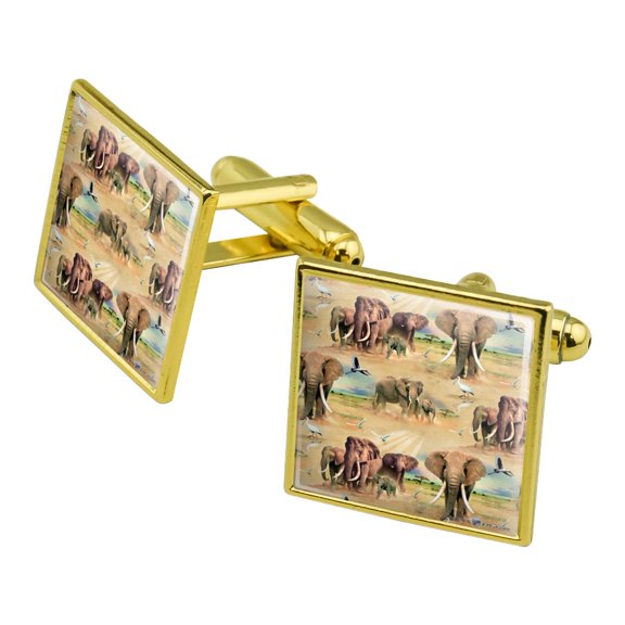 African Elephant Herd Pattern Square Cufflink Set - Silver or Gold