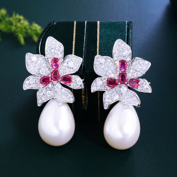 CWWZircons CZ Flower Drop Pearl Earrings Silver Plated Cubic Zirconia Women Party Gift