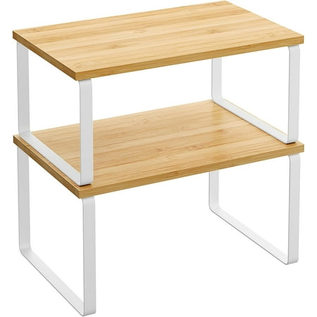 SONGMICS Cabinet Organizer Shelf, Set of 2 Kitchen Counter Shelves, Kitchen Storage, Spice Rack, Stackable, Expandable, Metal and Engineered Wood, Cloud White and Natural Beige UKCS02NW