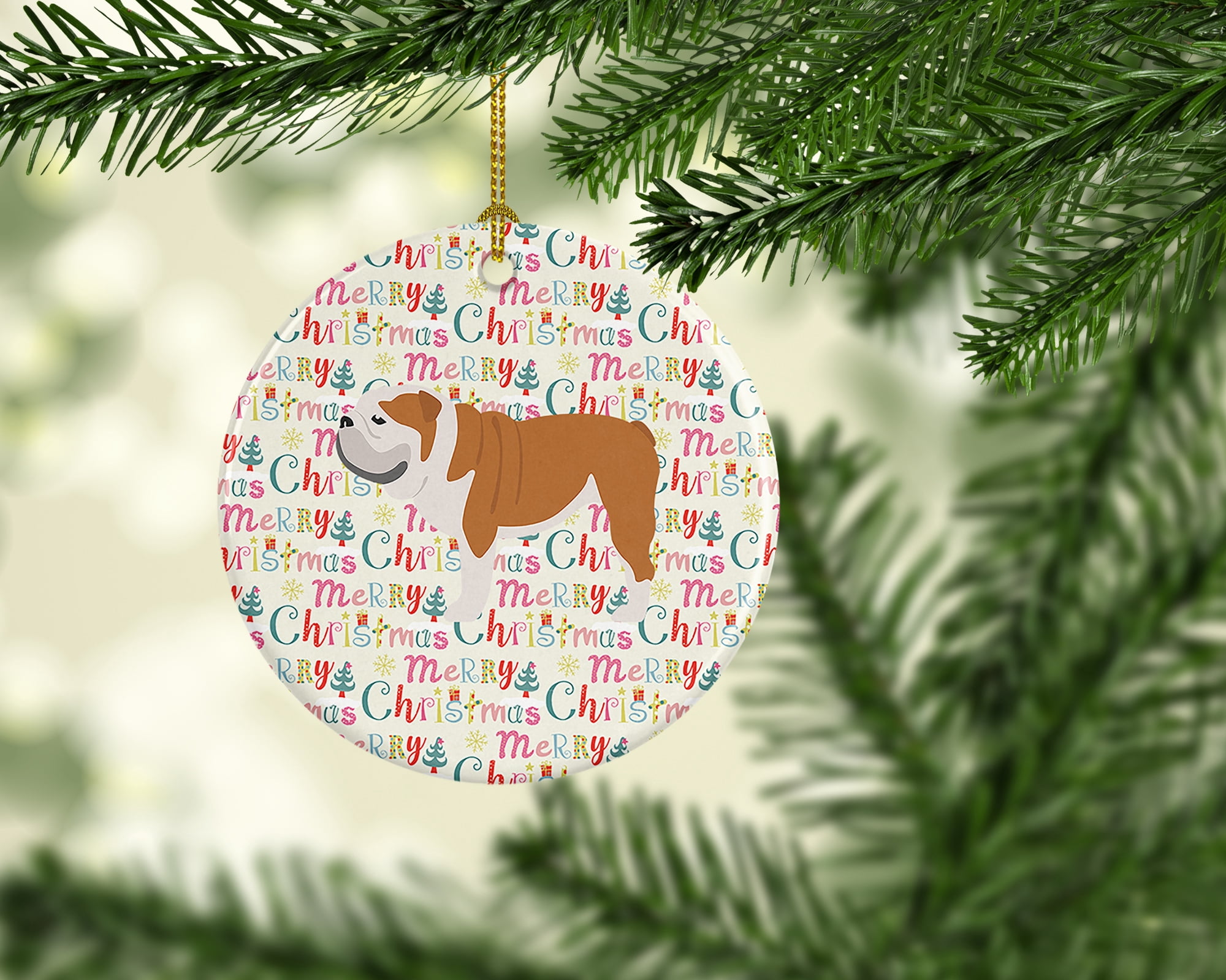 English Bulldog Merry Christmas Ceramic Ornament 2.8 in x 2.8 in