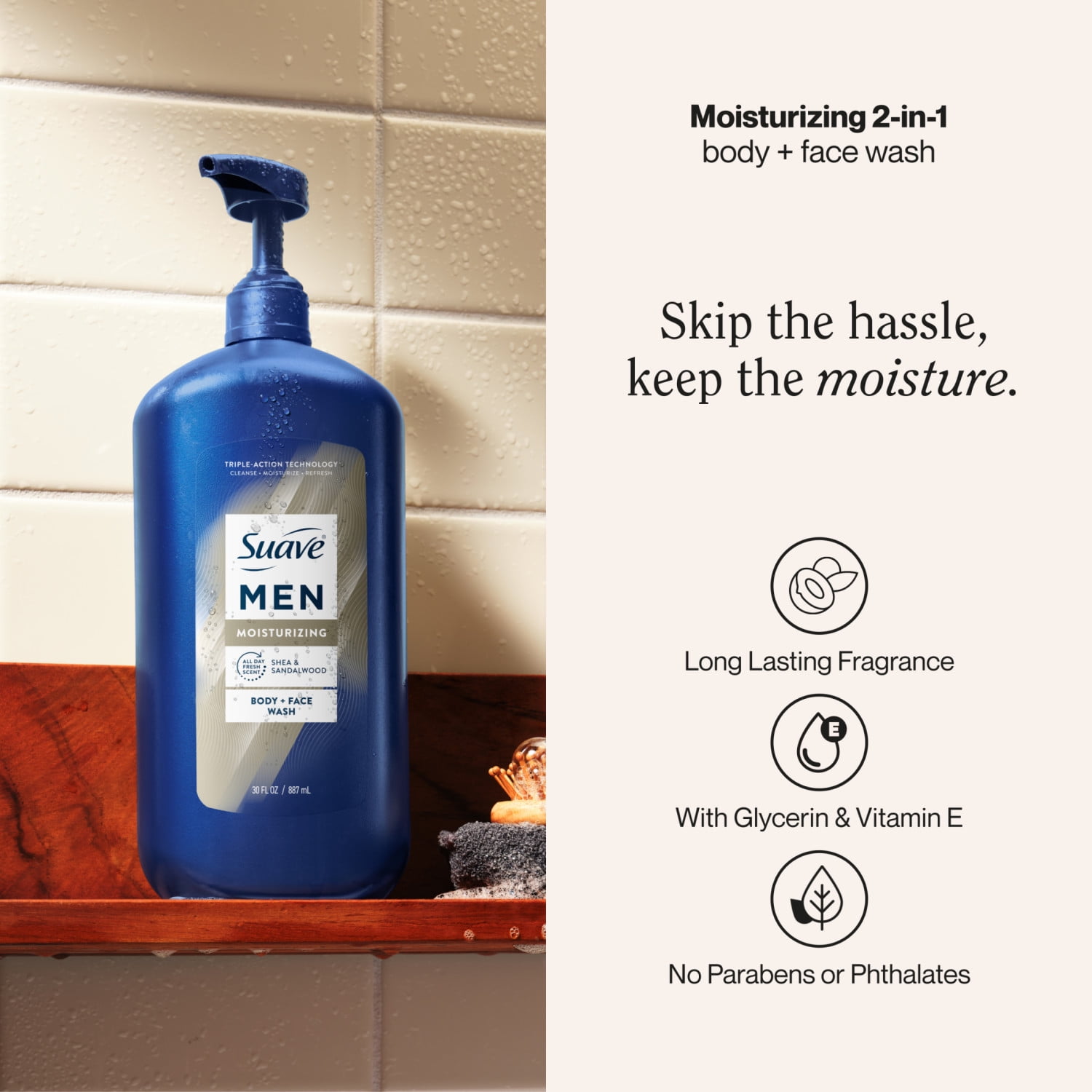 (3 pack) Suave Men Moisturizing 2-in-1 Body & Face Wash with Glycerin & Vitamin E, 30 FL OZ