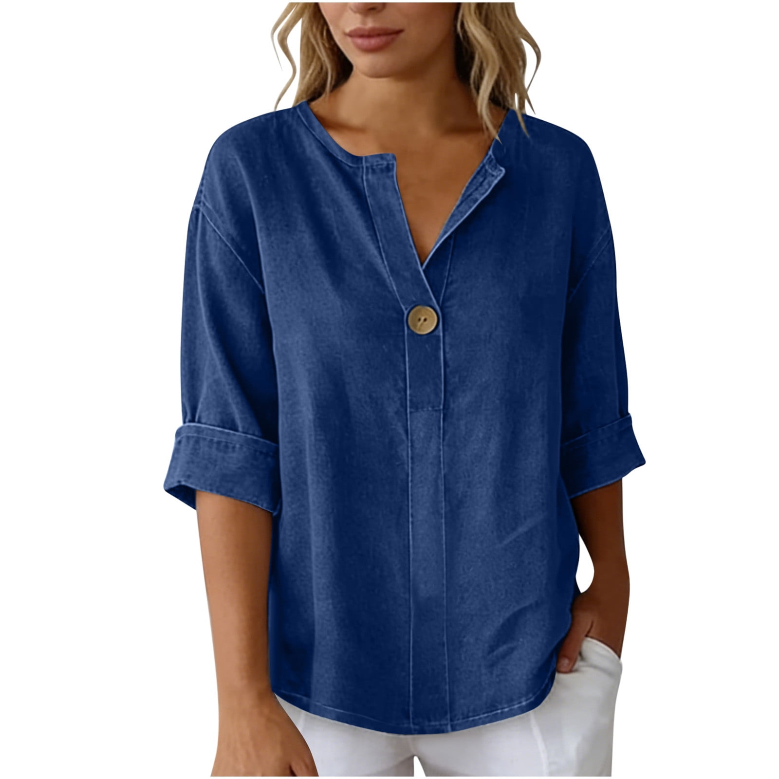 YHAJDS Women's T-Shirts Solid Color V Neck 3/4 Sleeve Relaxed Fit Casual Everyday Top