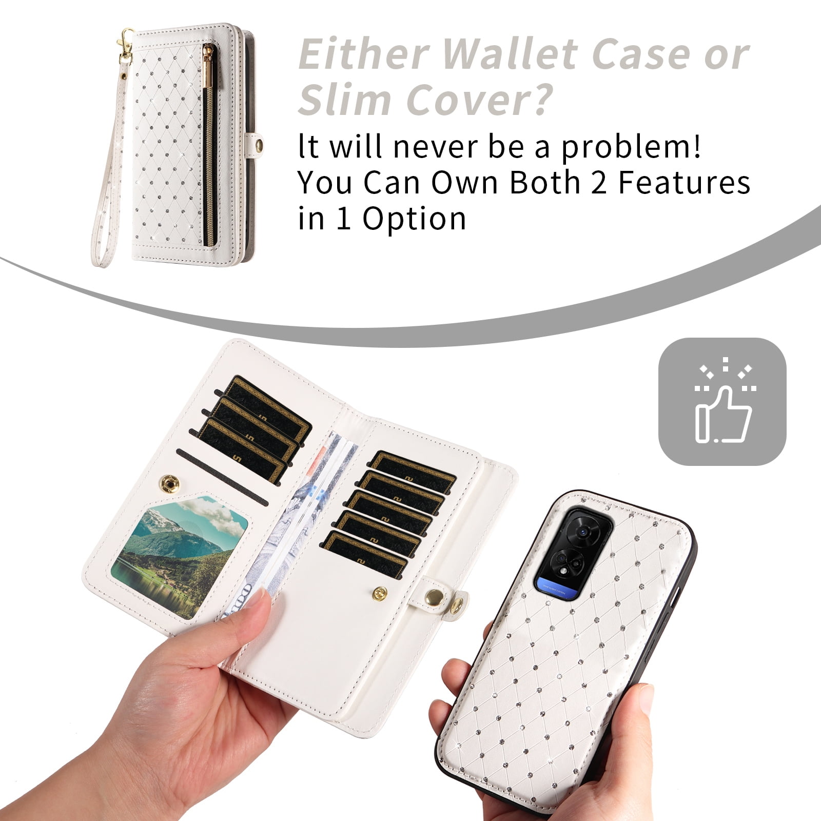 Asuwish Phone Case for TCL 50 5G/50 XE NXTPAPER/50 XE 5G Zipper Wallet Detachable Cell Cover with Tempered Glass Screen Protector Crossbody Lanyard Strap Glitter Flip Card Holder Slot Women White