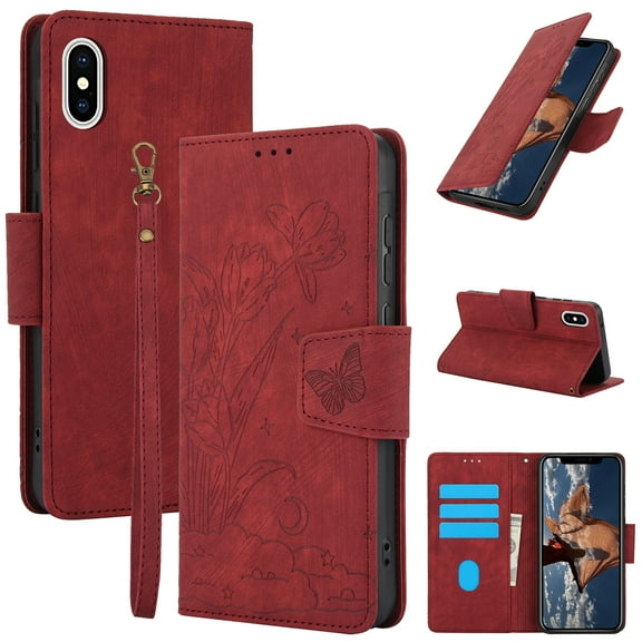 Compatible for iPhone XS/X Wallet Case,RFID Block Flip PU Leather Phone Cover with Wrist Supports Wireless Charging with Credit Card Holder Kickstand Heavy Duty Phone Cover,Red