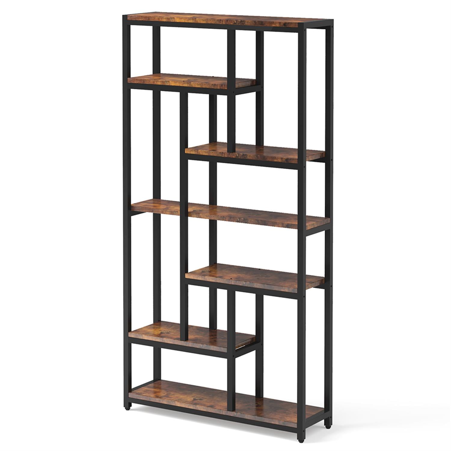 Demi Bonn 7 Tier Bookshelf, Wood and Metal Bookcase Storage Organizer, 79" Tall Display Standing Shelf Unit for Bedroom, Living Room, Brown