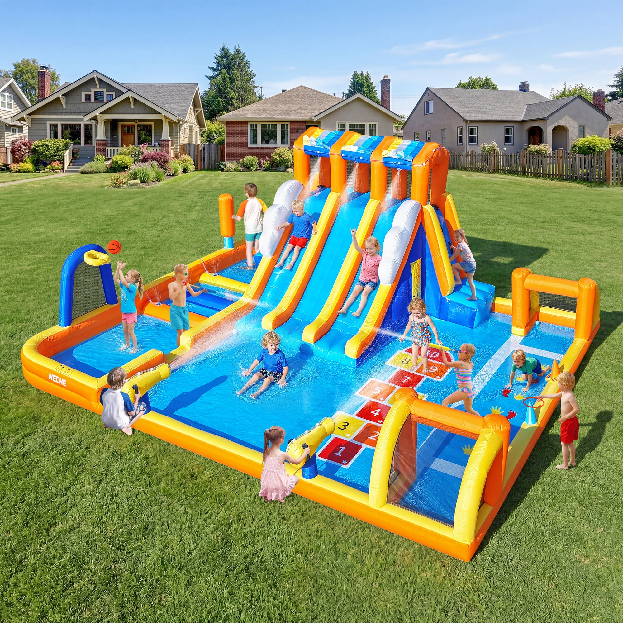 240" Large Inflatable Water Slide with Blower, Neche Blow Up Pool for Kids Outdoor Play, Backyard Slip and Slide