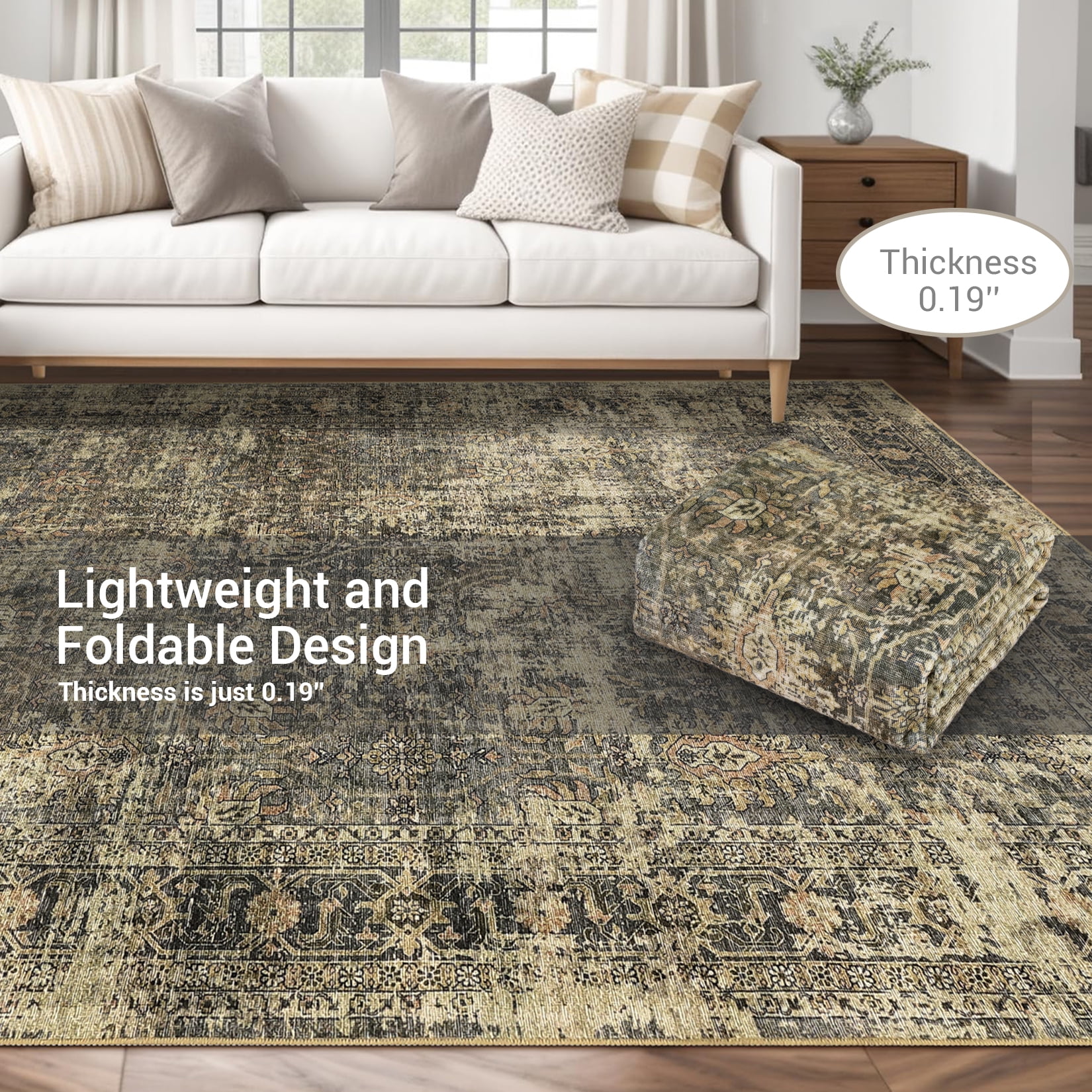 FairOnly 5'x7'Oriental Distressed Area Rug Machine Washable Non Slip Vintage Soft Indoor Floor Cover for Living Room Bedroom Office Study Room,Green