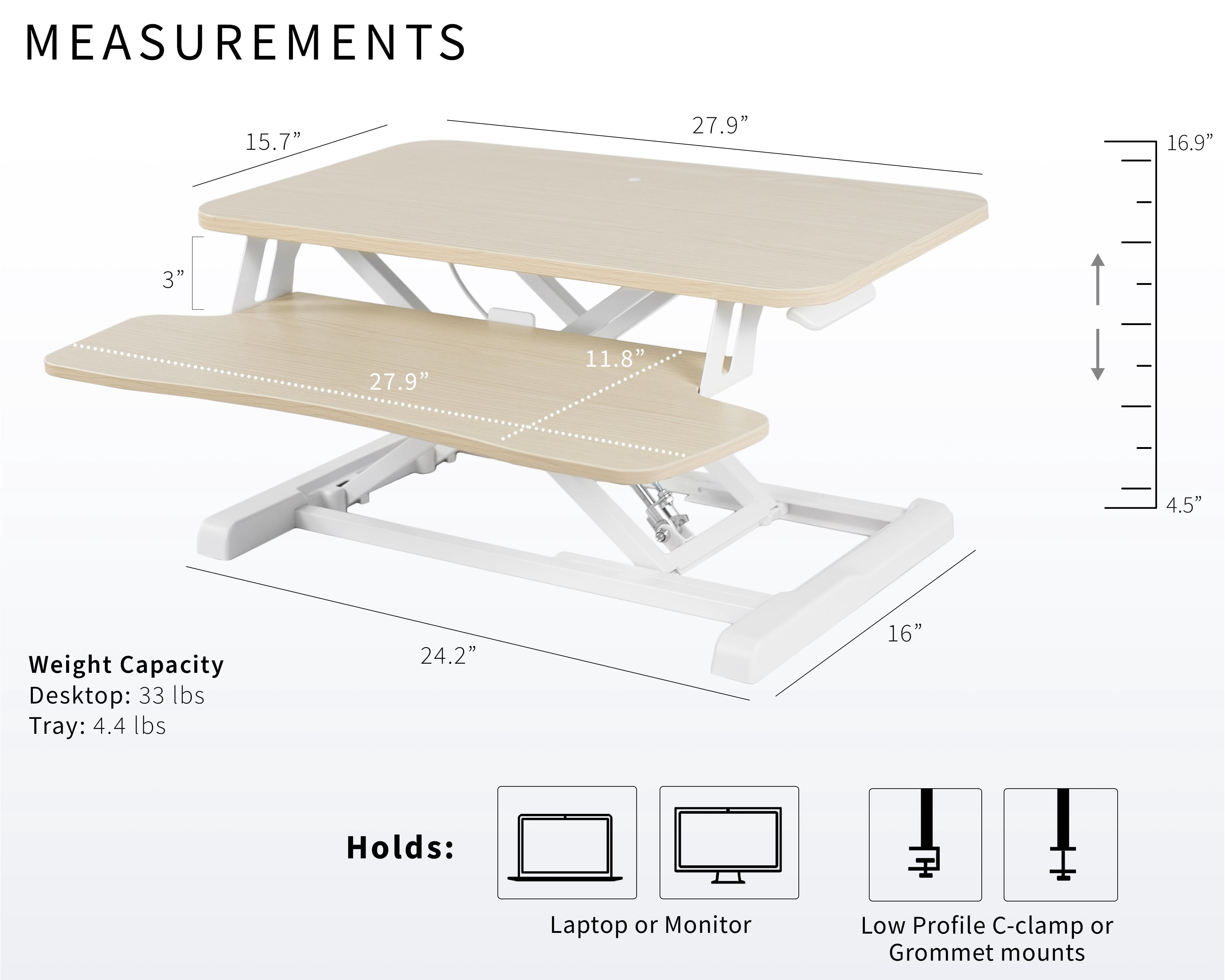 VIVO Light Wood Height Adjustable 28" Standing Desk Monitor Riser, White Frame