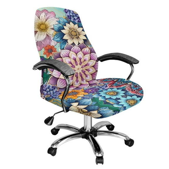 FKELYI Bohemian Lotus Flower Print Office Chair Cover Anti-Dust Computer Chair Slipcover Washable Stretch Fabric Swivel Chair Covers for Office Home Decoration, Large