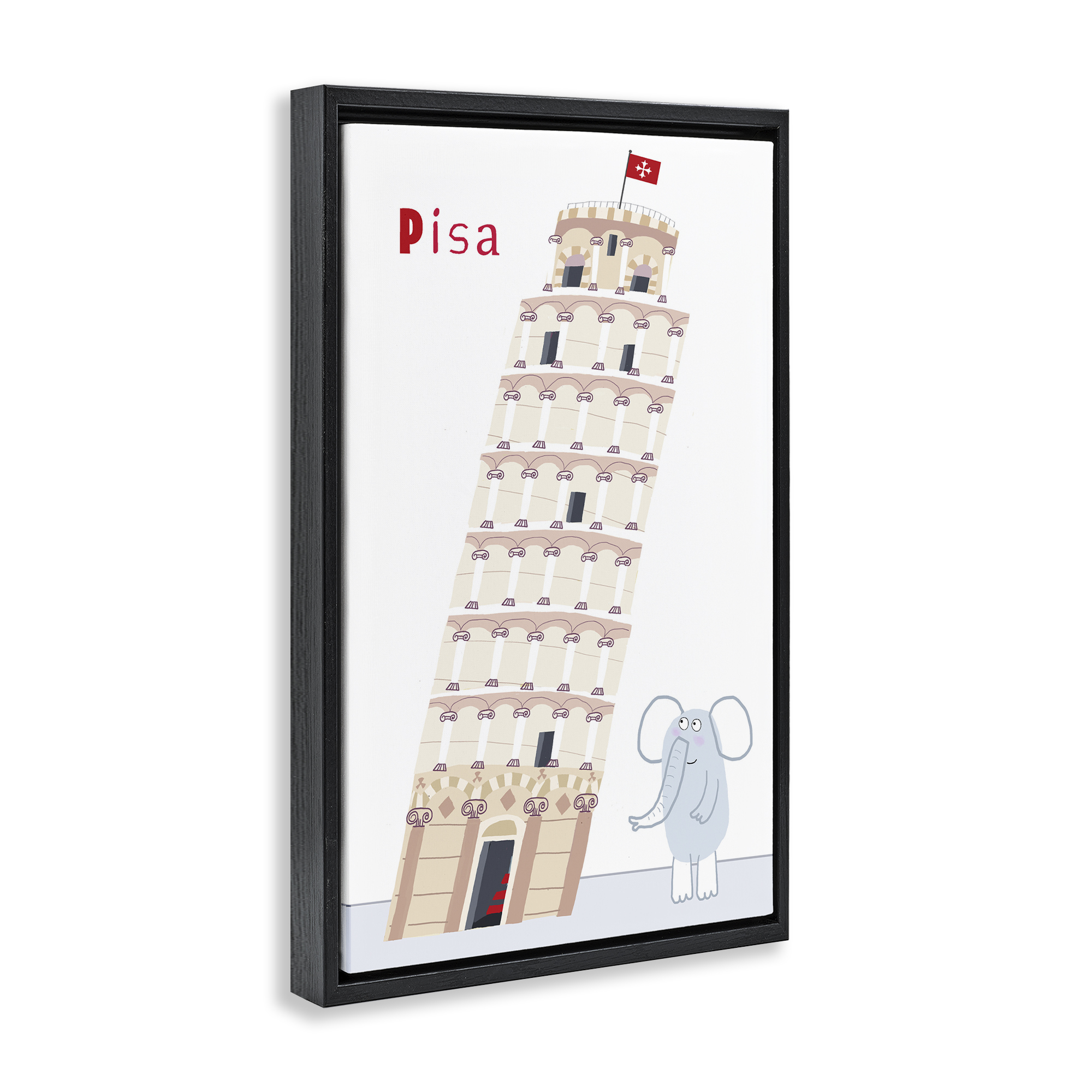 Elephant & Leaning Tower Pisa Black Framed Floater Canvas Wall Art, design by Carla Daly