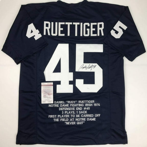 Autographed/Signed Rudy Ruettiger Notre Dame Blue Stat College Football Jersey JSA COA