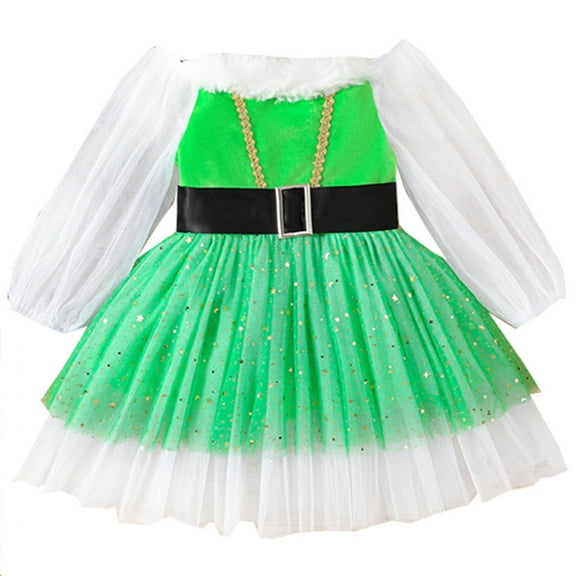 Odeerbi Toddler Girls Christmas Tulle Dress Fall Winter Long Sleeve Dress Mesh Tiered Dress Christmas Plush Dress Toddler Clothes Green