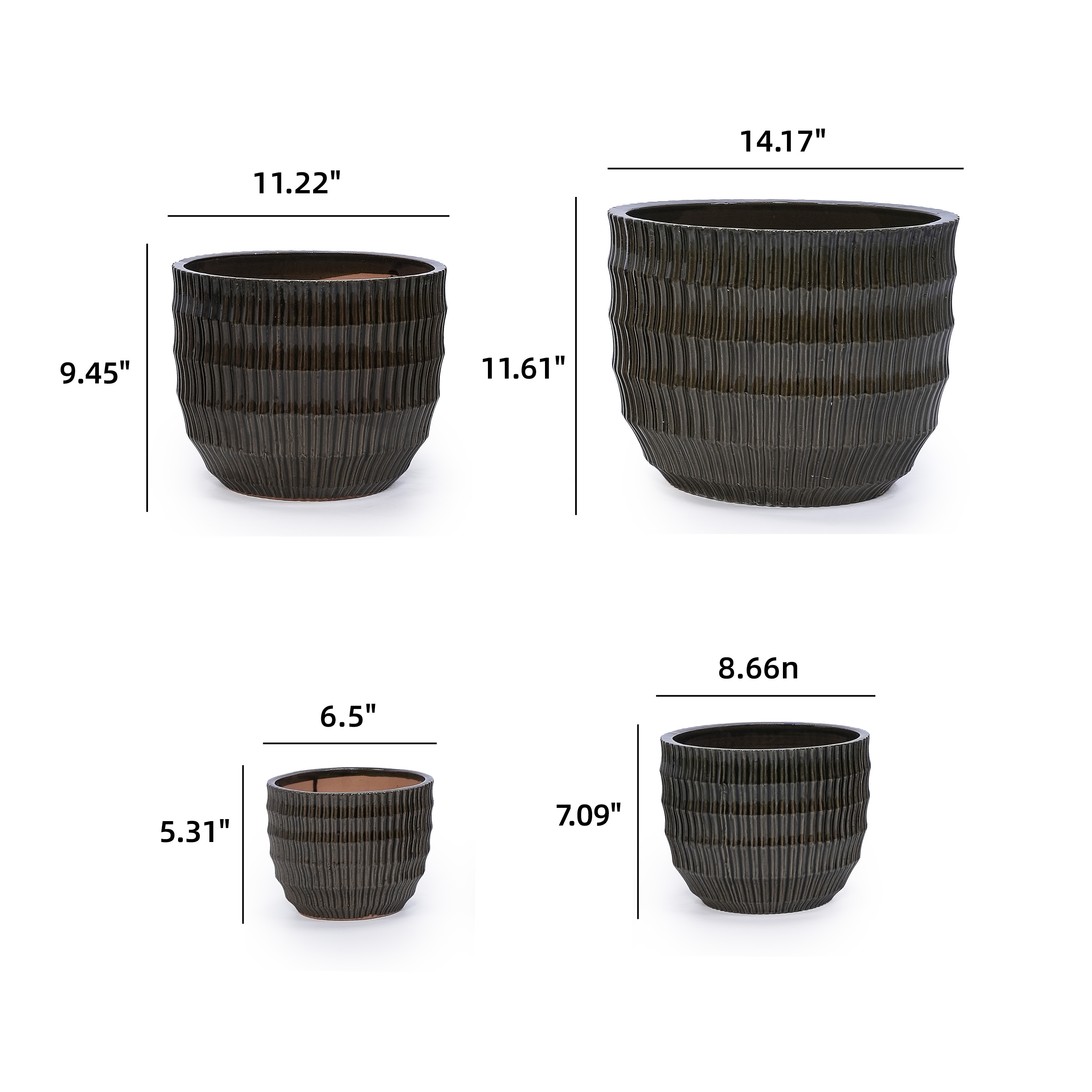 MAYEERTY 4 Pack Fluted Ceramic Planter Pot, Planter for Indoor Outdoor Patio, Garden, Dark Coffee
