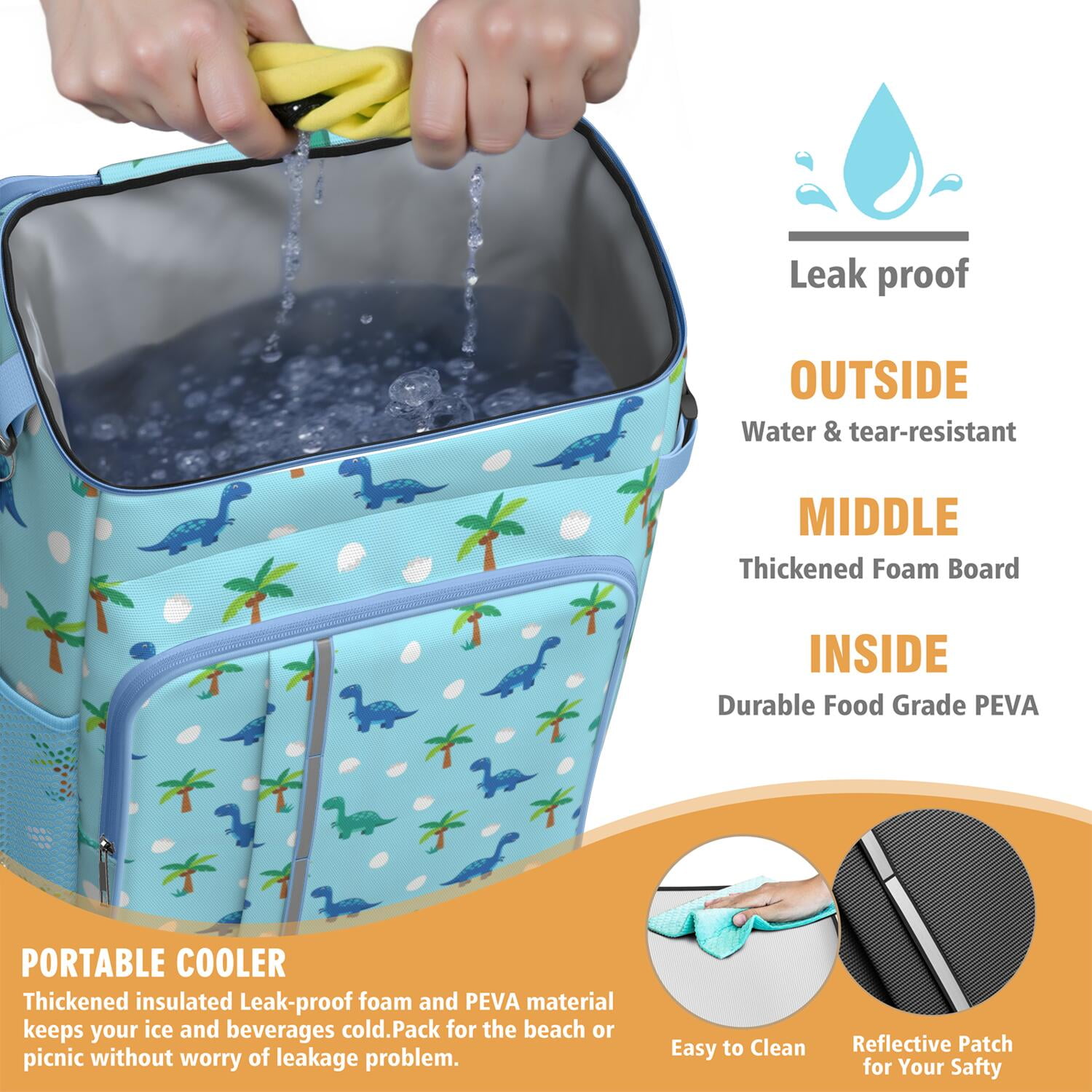 Travel Cooler Bag - Light Blue Dinosaurs Palms Eggs Pattern Camping Beer Cooler Backpack with Bottle Opener- Waterproof Insulated Picnic Backpacks - Cooler Bag for Beach