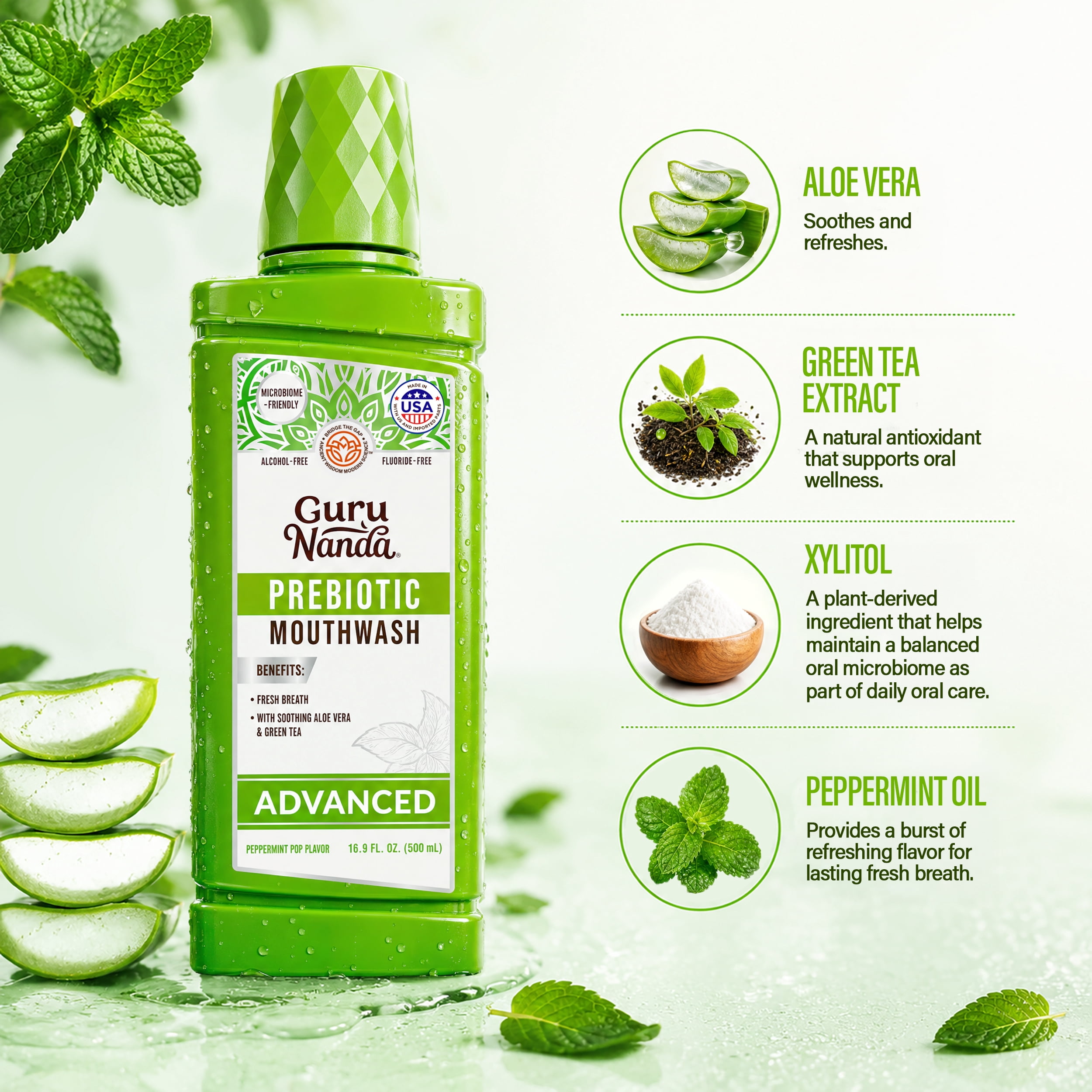 GuruNanda Advanced Prebiotic Mouthwash, Alcohol-Free & Fluoride-Free, Peppermint Pop, 16.9 fl oz