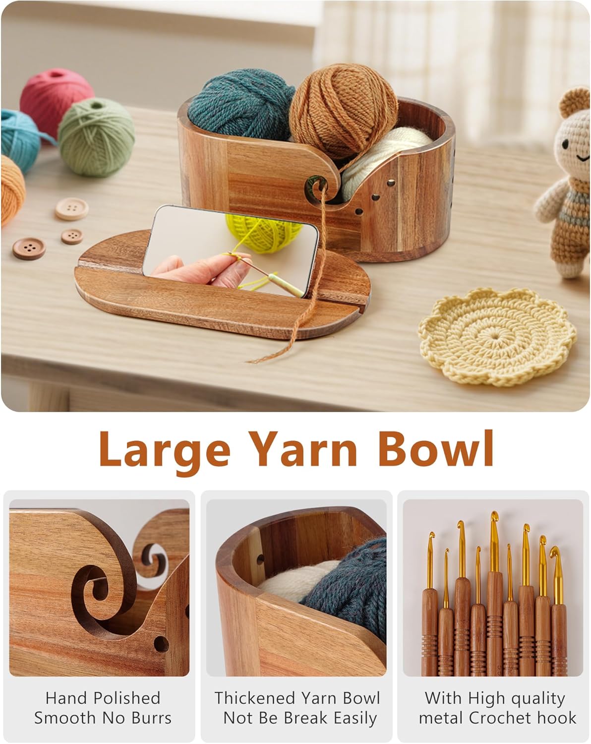 DoubleFill Oval Wooden Yarn Bowls for Knitting, Acacia Crochet Yarn Holder with 9pcs Hooks and Lid Crochet Knitting Storage Bowl for Knitters Gift Craft, 11.2" x 6.1"x 4.8"