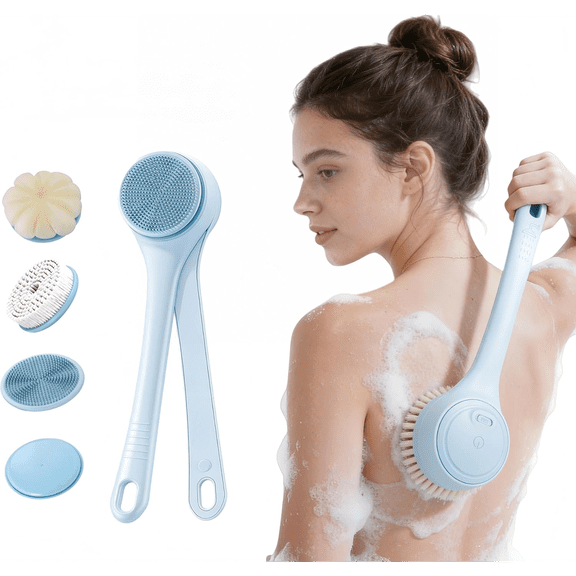 Electric Body Brush Back Scrubber for Shower, Waterproof Long Dual Handle Power Body Scrubber with 4 Heads, Rechargeable Bath Brush & 2 Speeds, for Cleansing, Exfoliating and Massaging Skin
