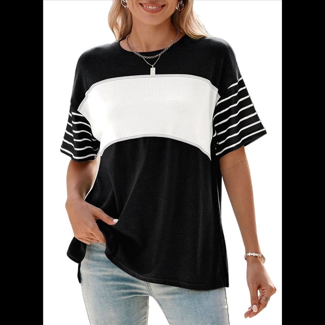 Blusa Informal de Verano 2025 con Cuello Redondo y Rayas en Bloques de Color para Mujer, Talla Grande, Color Negro, Talla XL