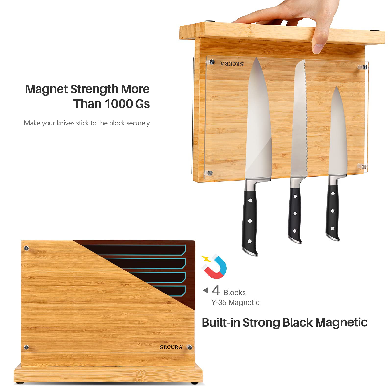 Kitchen Seven Knife Block Magnetic Knife Holder with 18 Powerful Magnetic  Boards, 100% Pure Bamboo Large Capacity Knife Organizer Block, Double Side