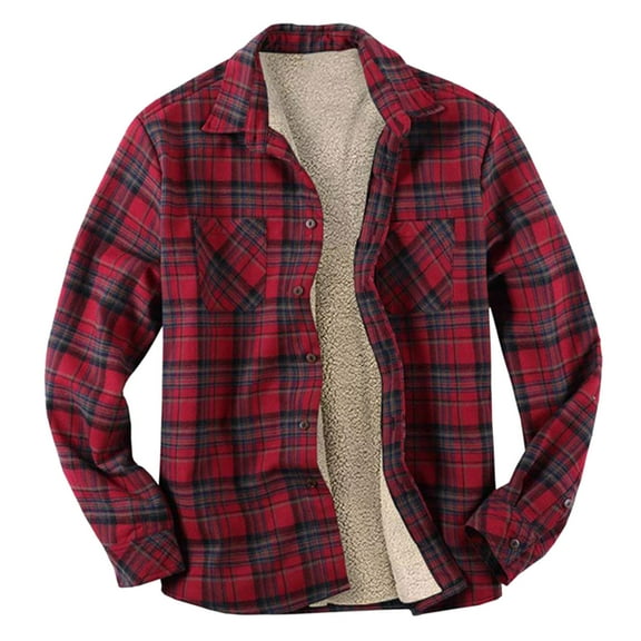 Herrnalise Men's Jacket Plaid Lapel Button Long Sleeve Loose Padded Thickened CoatRed