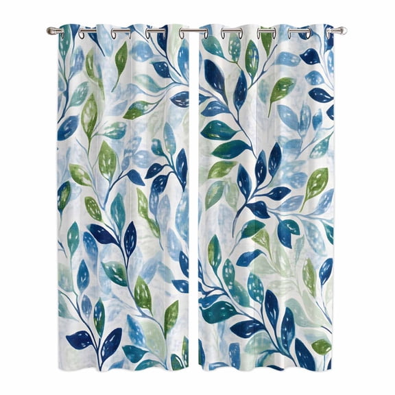 Navy Blue Leaves Kitchen Curtains 84 Inch Length, Green Summer Botanical Grommet Top Bedroom Living Room Curtains, Light Filtering Cafe Curtain Drapes 2 Panels Set 84''x84''