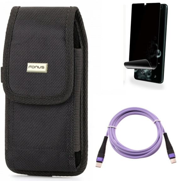 Privacy Screen Protector w Case Belt Clip w Purple 6ft PD Cable for Samsung Galaxy S20 Ultra - TPU Film [NOT GLASS] [Fingerprint Works], Swivel Holster Rugged, Type-C to USB-C fits Galaxy S20 Ultra
