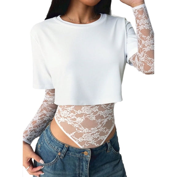 LNWUY Women's Temperament Mesh Long Sleeve Bodysuit Crewneck Patchwork Lace Sheer Crop Tees Casual Going Out Tops White L
