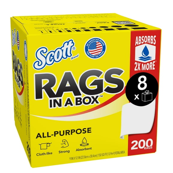 Scott Rags In A Box 75260, White, 200 Shop Towels/Box, 8 Boxes/Case, 1,600 Towels/Case