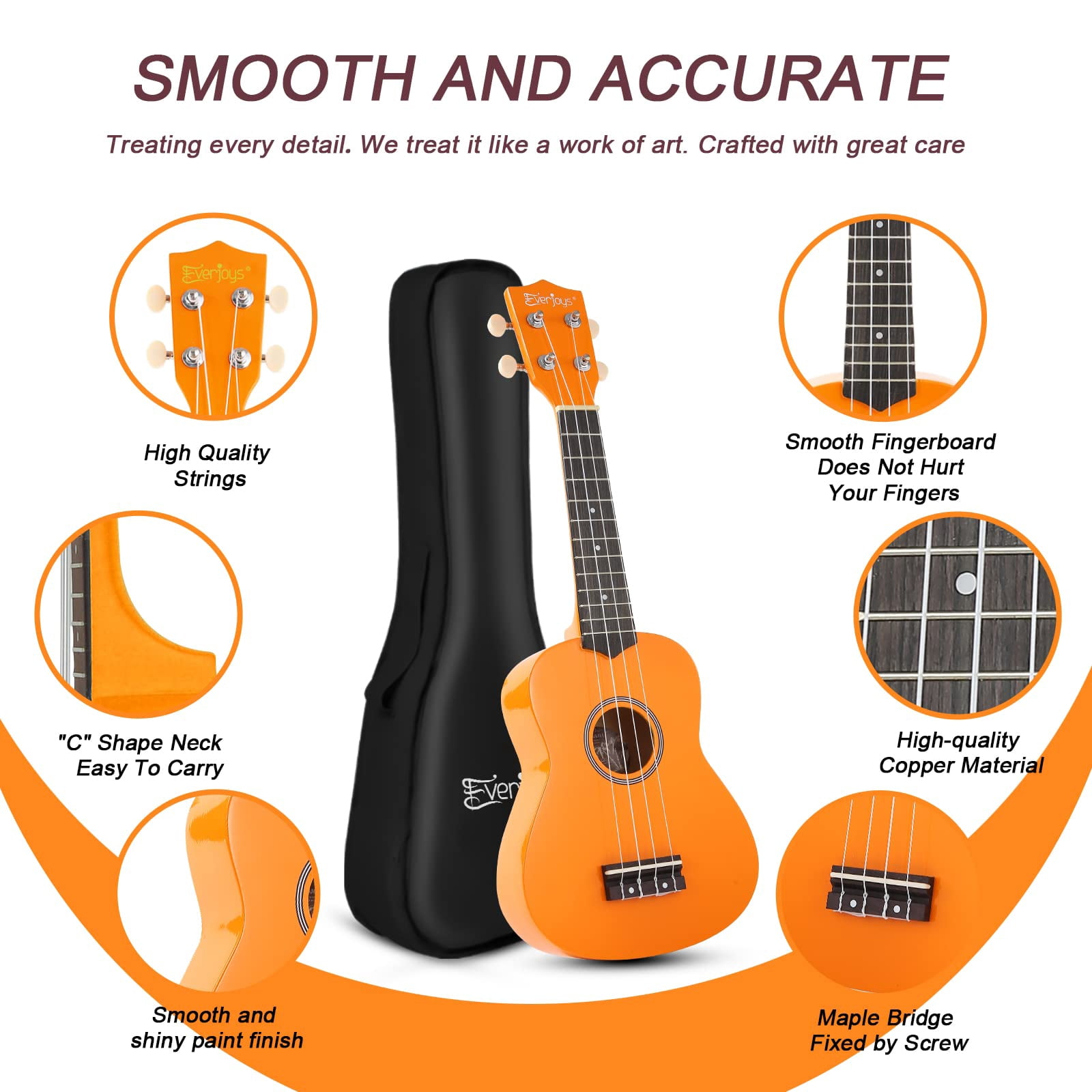 Everjoys 21" Soprano Ukulele Beginner Kit w/ Free Online Lesson, Gig Bag, Strap, Digital Tuner, Spare String, Picks, Polishing Cloth, Rainbow Series