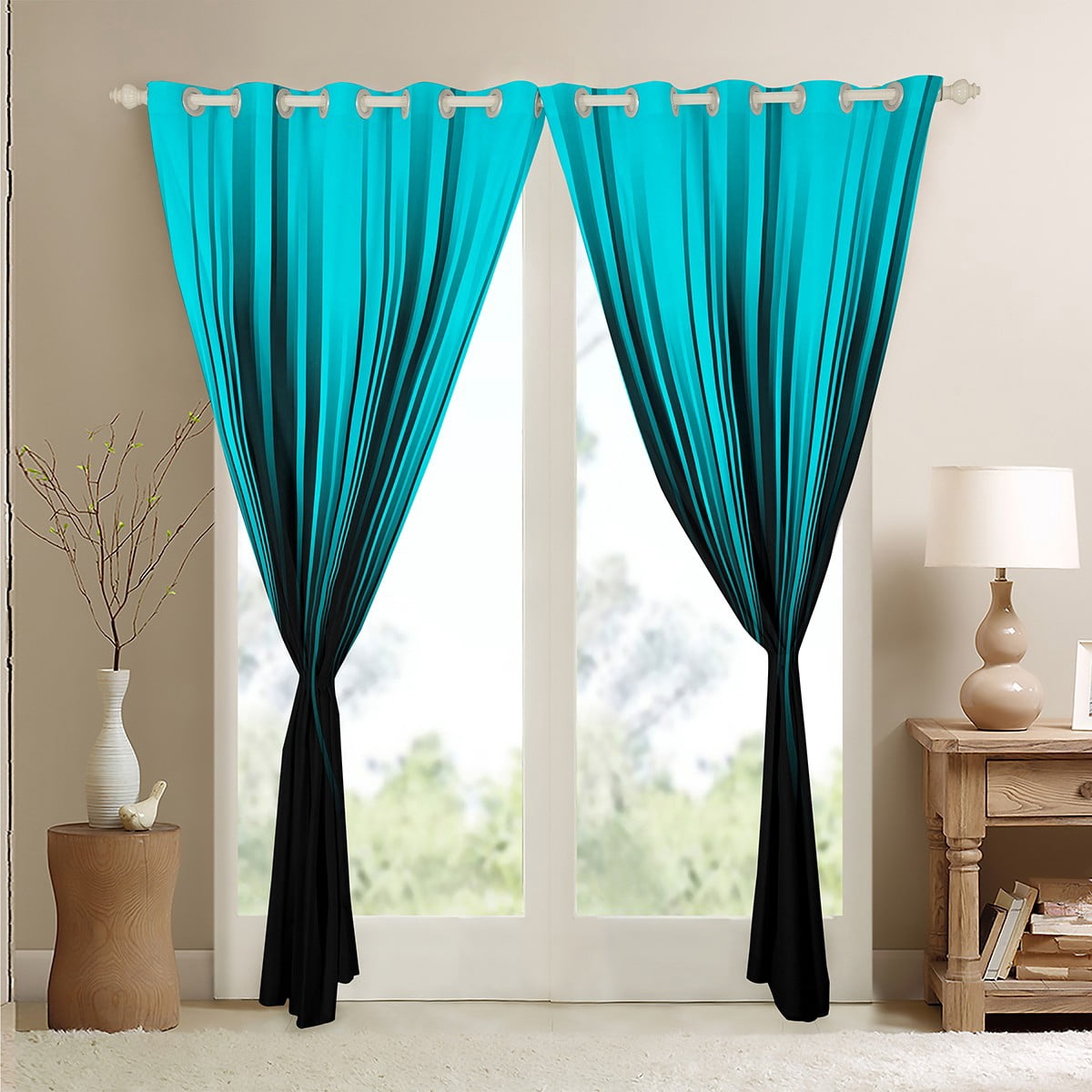Gradient 30%-50% Blackout Curtains Teal Black Abstract Ombre Curtains & Drapes,Geometry Striped Window Curtains,Boho Exotic Hippie Geometric Stripes Curtains 42"Wx63"L