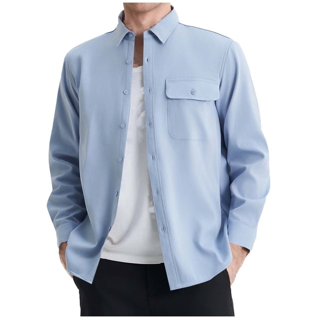 Lovzfmll Men's Plaid Shirt Jacket for Men Fleece Lined Button Front Two Pockets Blue, S