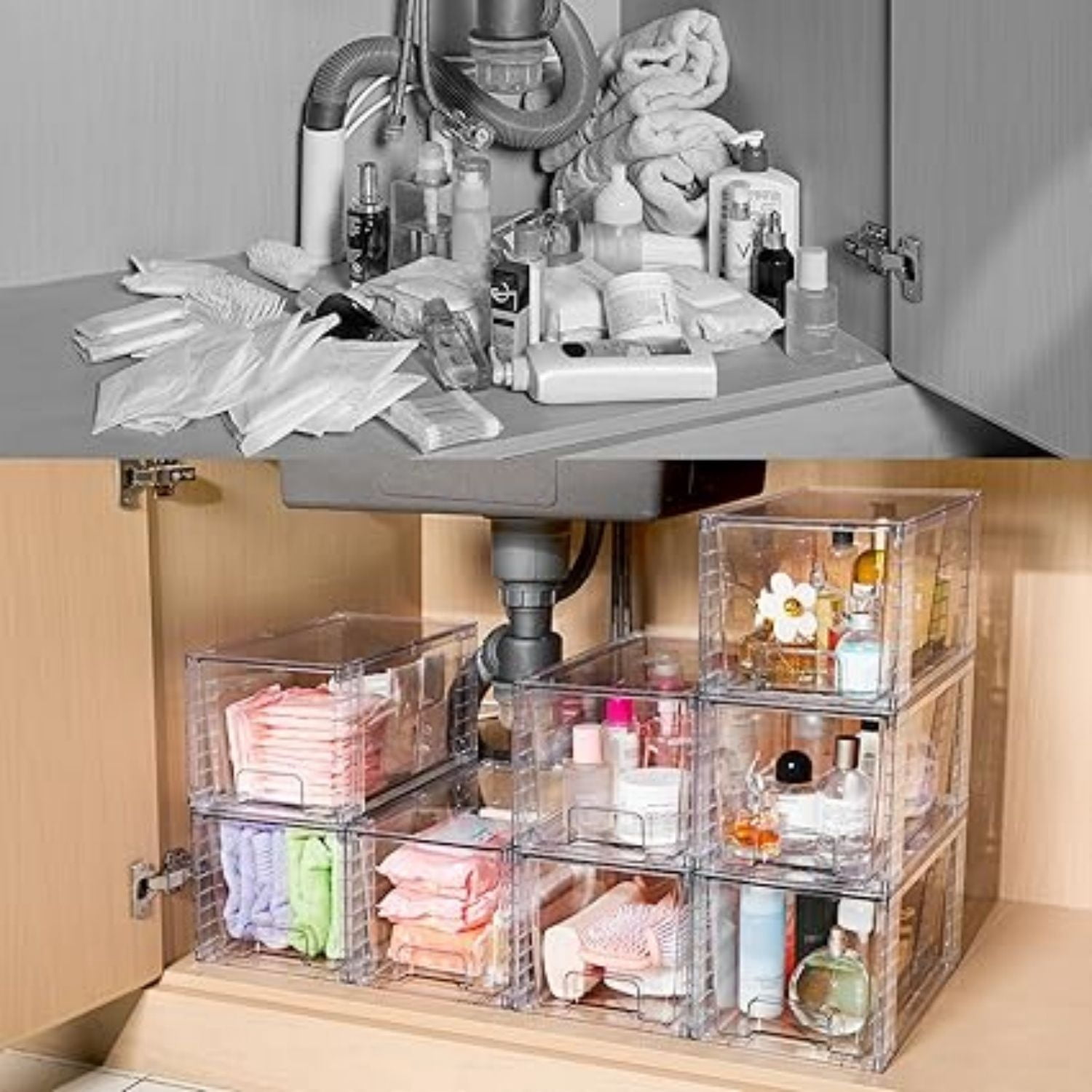 4Pack Large Stackable Kitchen Pantry Storage Drawers, Clear Organizer Bins with Handles, Acrylic Drawer Organizers for Kitchen Pantry, Bathroom Undersink, Cabinet Organization and Storage