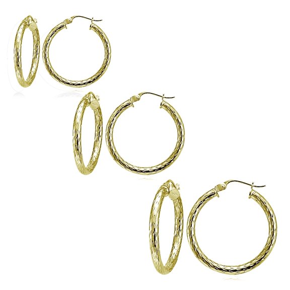 Set of 3 Gold Tone over Sterling Silver 2.5mm Diamond-Cut Polished Hoop Earrings, 25mm, 30mm, 35mm