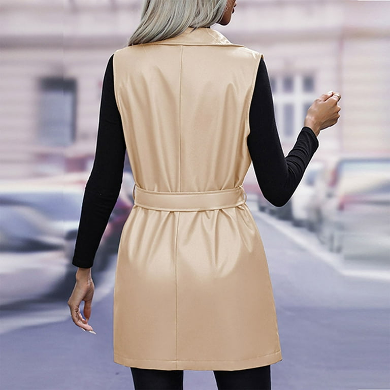 WTOBBY Women's Sleeveless PU Leather Jacket Vest Belted Waist Tie