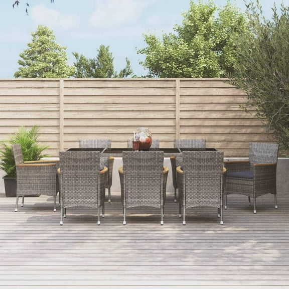 vidaXL 9 Piece Patio Dining Set with Cushions Gray Poly Rattan