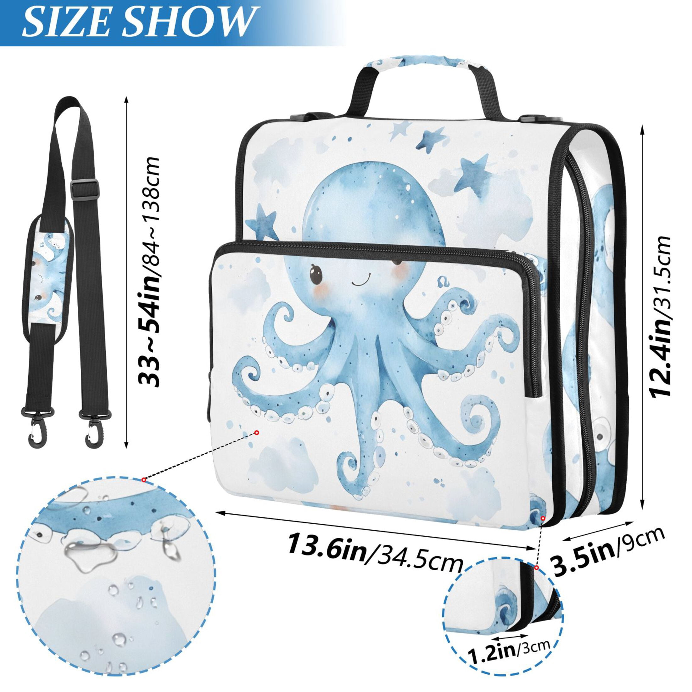 3 Ring Zipper Binder with Shoulder Strap Waterproof Trapper Keeper 2 Inch D-Ring 500 Sheets Capacity Cute Blue Octopus and Star