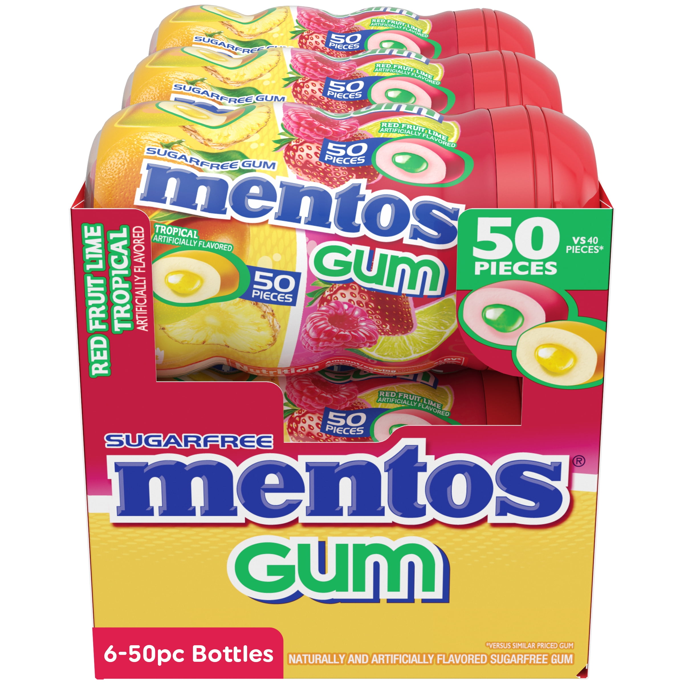 Mentos Gum Red Fruit and Lime-Tropical 50 piece Curvy Bottle - Pack of 6