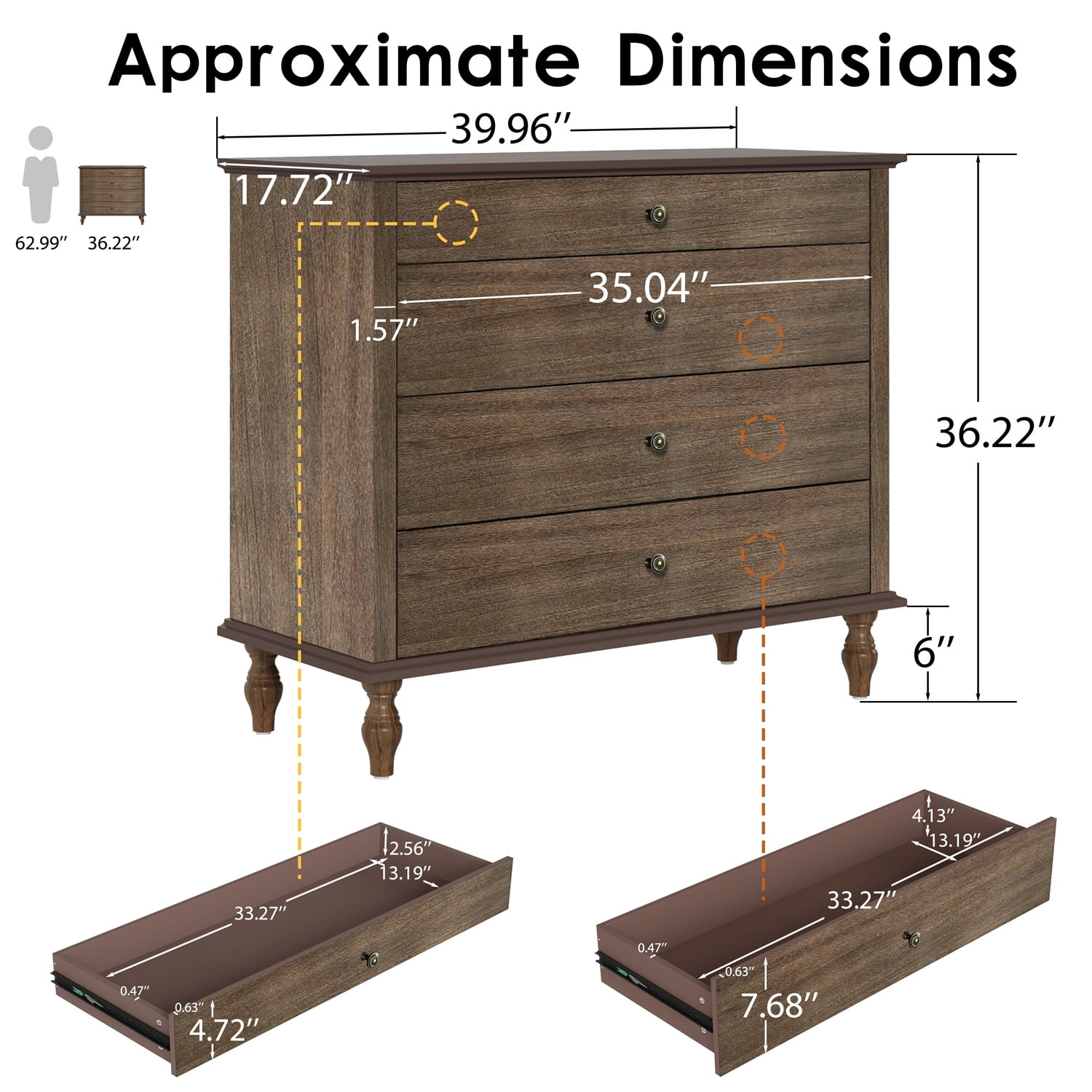Hommoo 4-Drawer Antique Wooden Dresser with Brushed Rustic Brown Finish, Solid Wood Feet & Metal Knobs, Bedroom or Nursery Chest with Anti-Tip Kit, Rustic Brown