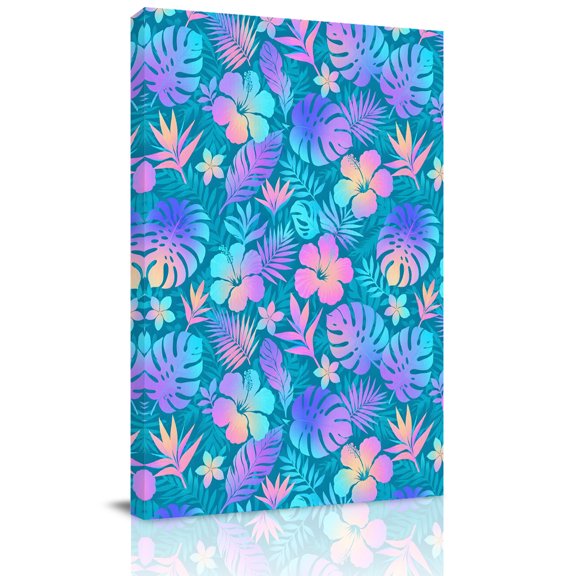 Canvas Wall Art, Blue Tropical Plants Framed Canvas Prints for Hallway Living Room, Rustic Palm Leaves Jungle Flowers Extra Large Gallery Wrapped Wall Decor for Home Office, Gifts, 20"x30"
