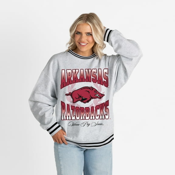 Women's Gameday Couture Ash Arkansas Razorbacks Oversized Fade Route Ringer Stripe Sweatshirt