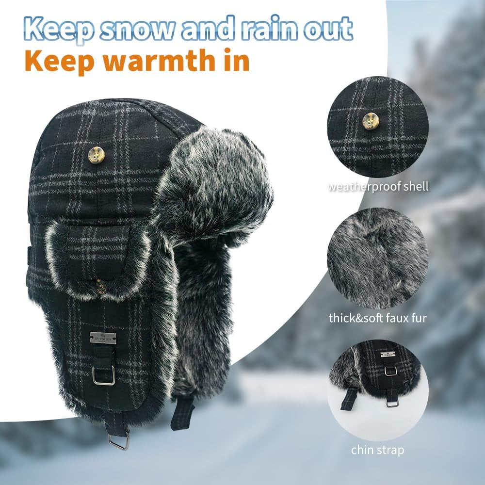 Fur Winter Trapper Hat,Wool Faux Fur Aviator Ski Trapper Trooper Pilot Snow Eskimo Hat with Ear Flaps for Men & Women