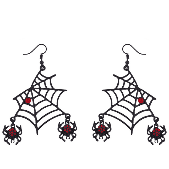 Lux Accessories Black Spider Web Dangling Red Rhinestone Halloween Earrings