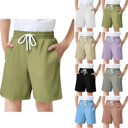 MKOSPLRT 5-16 Years Running Shorts for Boy Elastic Waist Drastring Joggers Solid Baggy Lounge Bermuda Shorts Summer Athletic Shorts with Pocket
