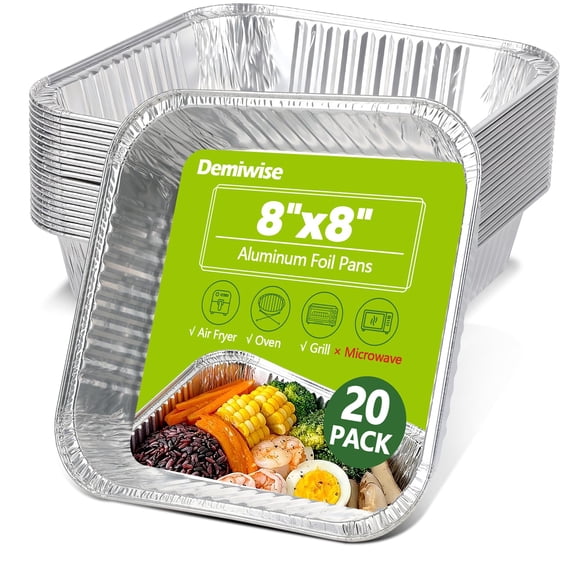 20 Pack 8x8 Inch Thickened Aluminum Foil Pans, Heavy Duty Disposable Square Baking Pans with Carton Packaging, Tin Foil Roasting Trays for Cooking, Meal Prep, Catering, Parties and Events