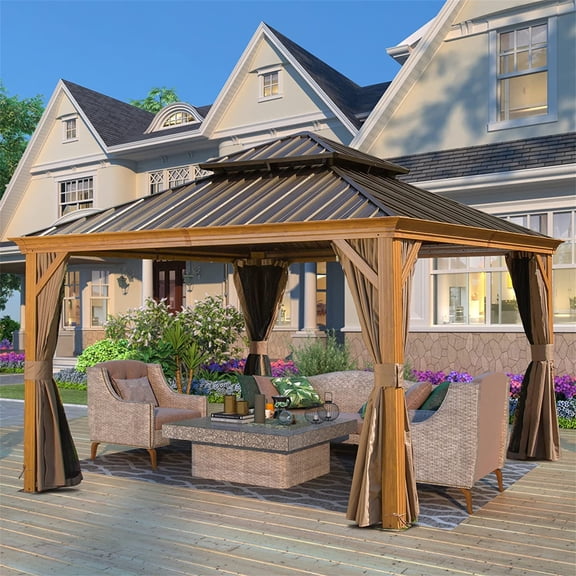 12'x12' Hardtop Gazebo, Wooden Coated Aluminum Frame Canopy with Galvanized Steel Double Roof, Outdoor Permanent Metal Pavilion with Curtains and Netting for Patio, Deck and Lawn(Wood-Looking) 00009