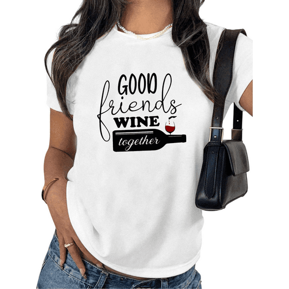 White Print Tshirt Graphic Tees Shirts Wine Friend Gathering S-5XL Loose for Daily Outfits Tops