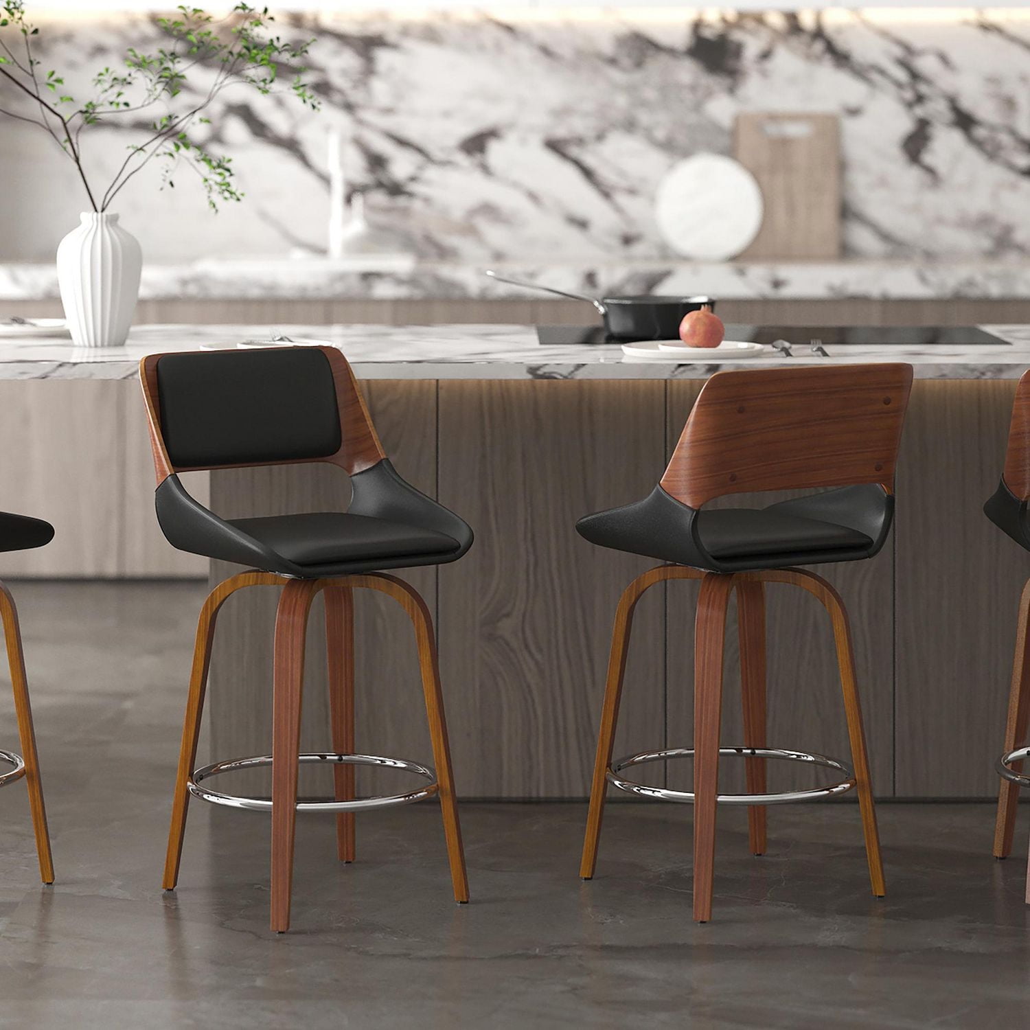 Mid-Century Faux Leather and Wood 26" Counter Stool with Swivel - Black and Walnut
