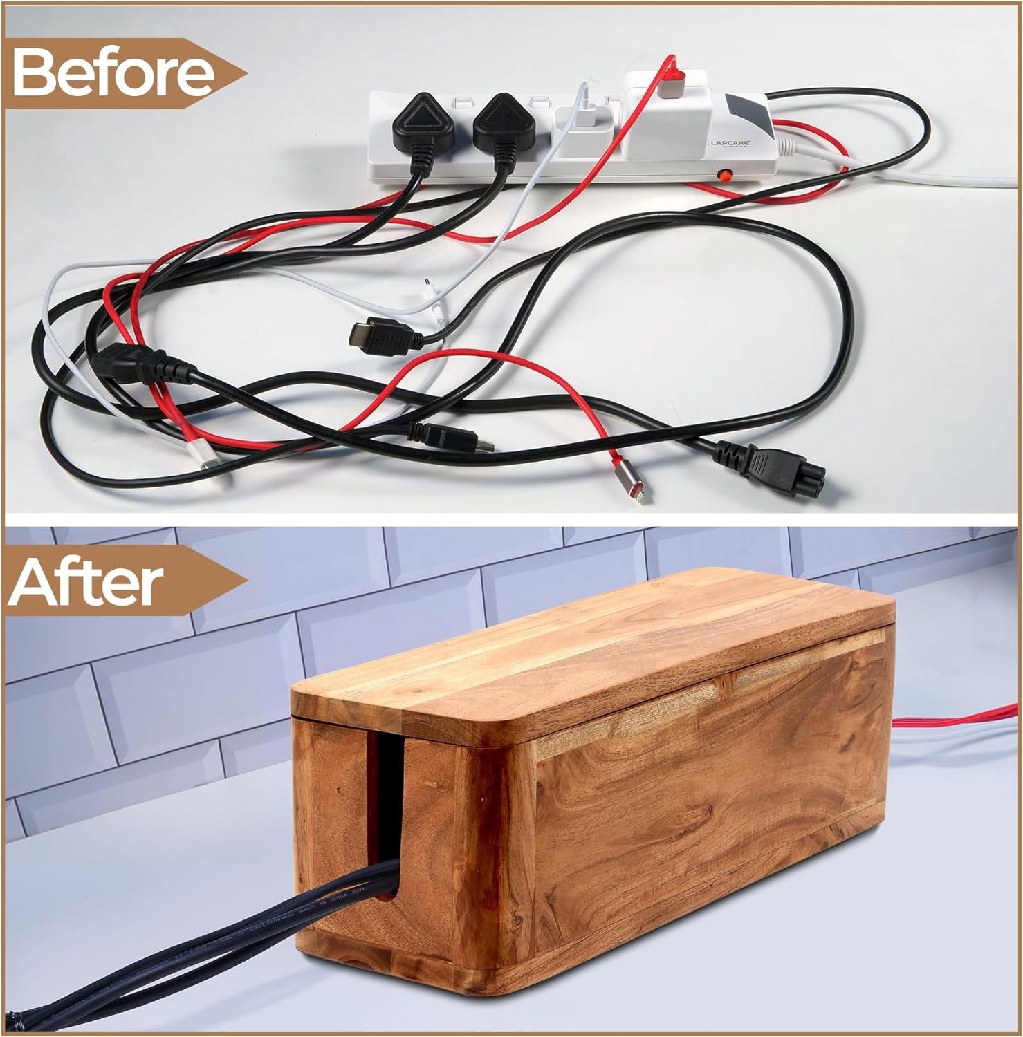 Luxe Designs Large Cable Management Box - Acacia Wood Cable Organizer Box and Power Strip Box for Electrical Cord Management - Desk Cord Hider - Wire Storage and Organization for Cords