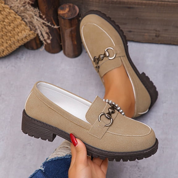 Xucatan Women's Faux Suede Loafers, Chunky Sole Slip On Shoes with Metal Horsebit Chain, British Style Comfortable Low Tops, Versatile Spring Fall Casual Footwear Gift