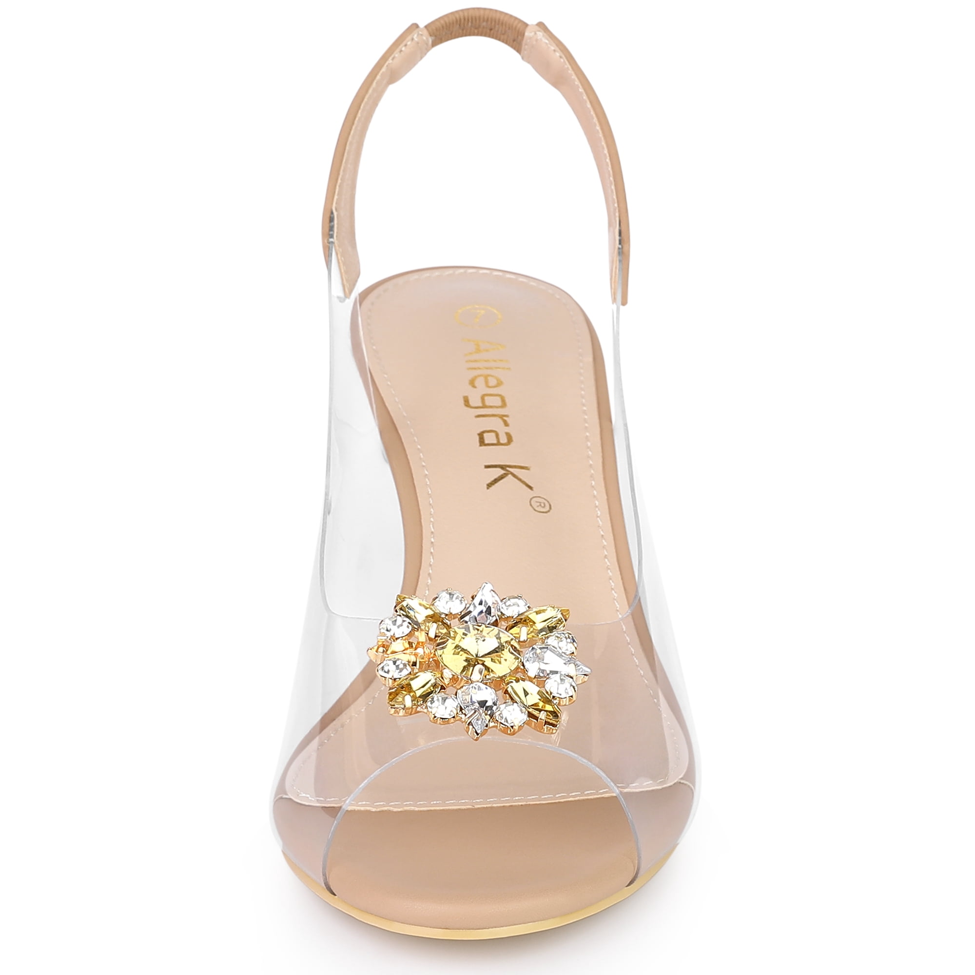 DARING DIVA Women's Clear Slingback Wedges Rhinestone Peep Toe Heels Nude 7
